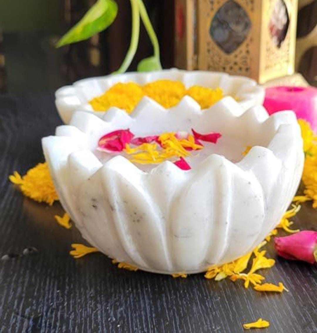 white marble lotus urli 5" for home decor, fruits, snacks